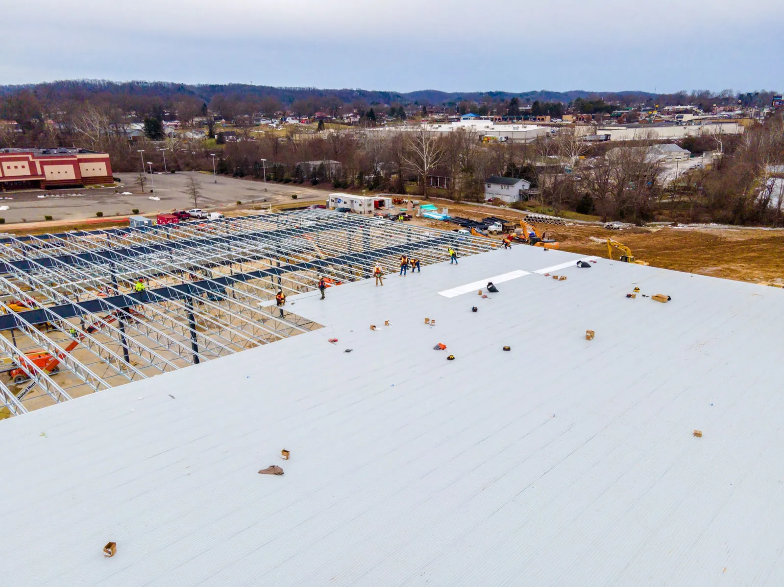 Aerial view of a commercial roofing project